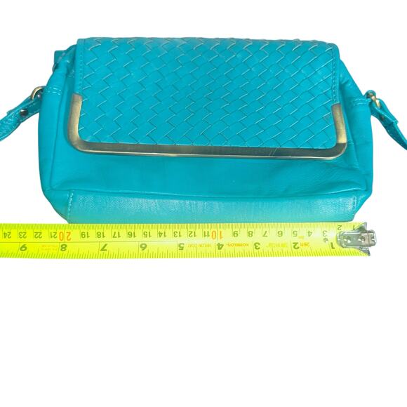 ASOS Turquoise Blue Woven Leather Crossbody Bag Gold Trim Adjustable Strap - Picture 10 of 10